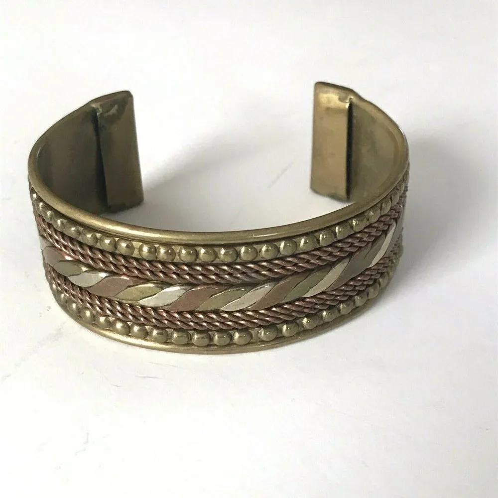Brass Multi Colored Braided Wide Cuff Bracelet